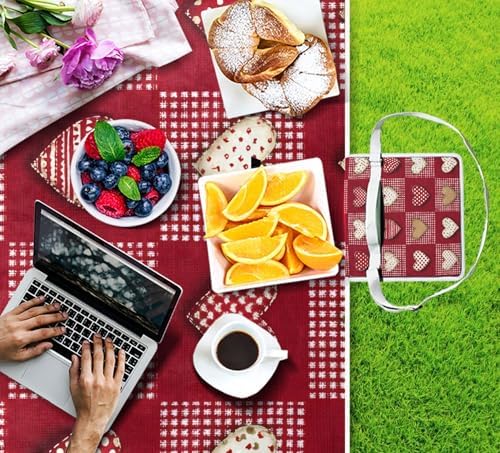 MNSRUU Picnic Blanket Waterproof Foldable, Red White Checkered Heart Large Outdoor Picnic Beach Camping Blanket Travel Mat, Shoulder Strap Tote, Rectangle 57x59in - Image 4