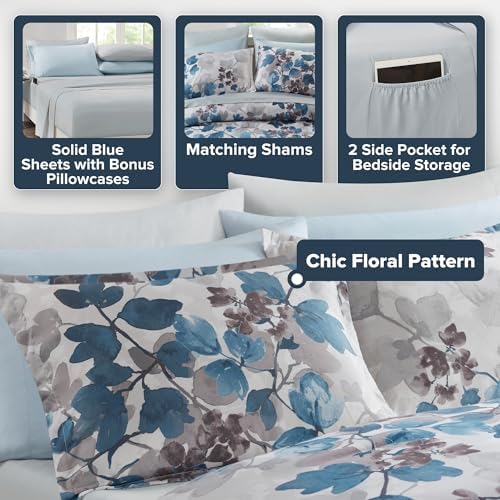 Madison Park Essentials King Comforter Set, Floral Bed in a Bag Blue 9PC - Image 4
