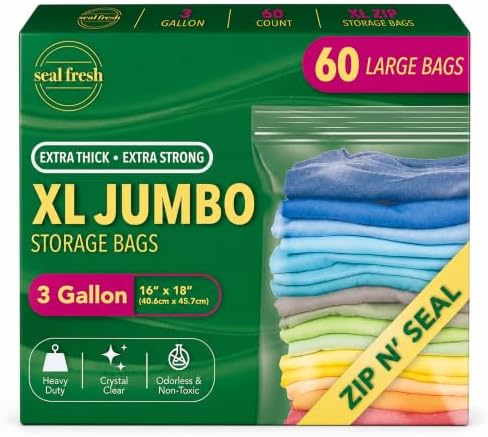 Seal Fresh 3 Gallon Large Plastic Storage Bags - 16 x 18 Inch (60 Count) - Reusable Write-On XXL Extra Large Big Oversized Clear Jumbo Zip Top Bags with Sealable Zipper for Clothes, Travel, Moving by SealFresh