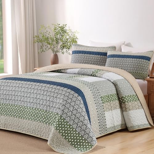 WONGS BEDDING Queen Quilt Set Khaki Green, 3 Pieces Striped Bedspread by WONGSBEDDING