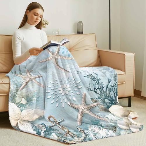 Blue Ocean Throw Blanket, Coastal Starfish Coral Fluffy Soft Blankets for Couch Bed Travel, Flowers Plush Microfiber Striped Flannel Blankets, Underwater Lightweight Sofa Blankets 32"x48" - Image 3