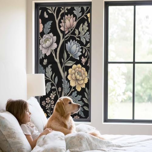 Window Privacy Film Frosted, Vintage Garden Flower Static Cling Door Window Covering, Rustic Floral Leaf Pastoral Black UV Blocking Windows Film for Office, Hotel, Bedroom, 29.5 x 78.7 Inches - Image 2