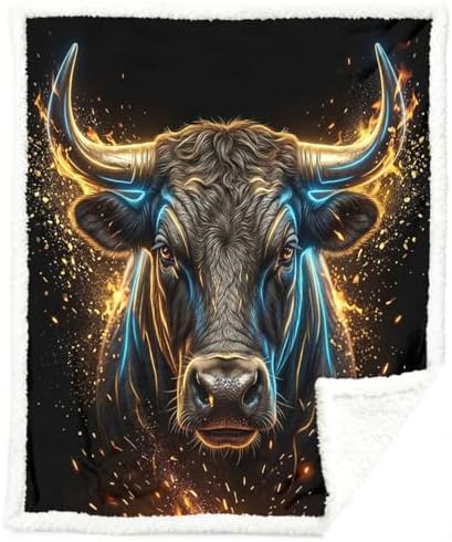 Bull Sherpa Blanket Power Animal Print Throw Blanket for Men Soft Warm Cozy 60x80 Inches Neon Wealth Energy Design Office Bedroom Decor Motivational Gift for Birthday Housewarming Anniversary by Sleepwish
