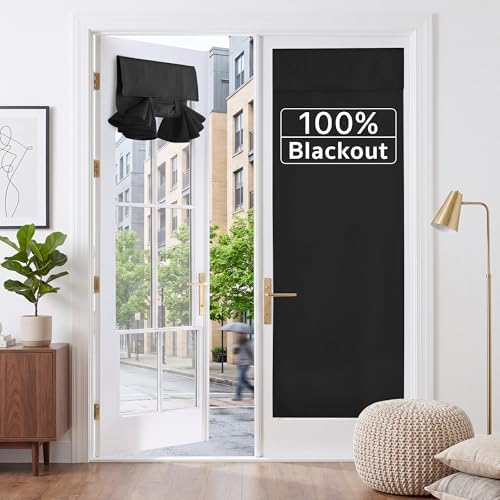 RYB HOME 2 Panels 100% Blackout French Door Curtains Set of 2 - W26 x L69, Black - No Drill Door Window Curtains Thermal Insulated Privacy Assured Shades for Front Entrance by RYBHOME