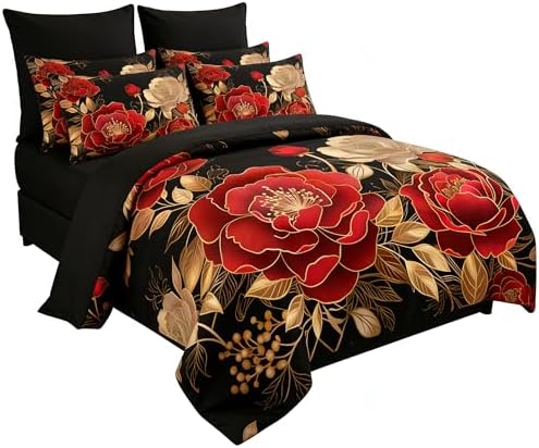 CCoutueChen Vintage Floral Full Size Bed in A Bag for Girls, 7Pcs Modern Black Red Bedding Set, Farmhouse Botanical Quilted Comforter with 2 Pillowcases+1 Flat Sheet+1 Fitted Sheet+2 Pillowshams by CCoutueChen