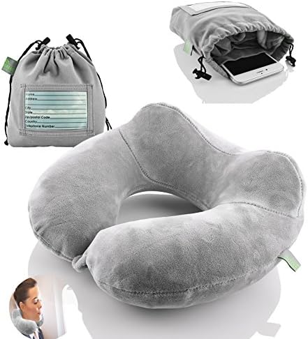 Inflatable Travel Neck Pillow: Extra-Soft, Cushion. for Airplanes, Trains, Cars, Portable Travel Accessory-with Carrying Pouch for Cell Phone and Passport Etc. (Grey 2 Pack) by Outdoorwares+Hut