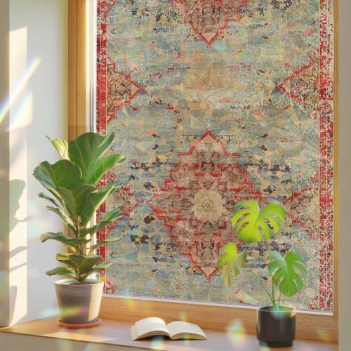 Red Blue Boho Window Privacy Film Rainbow Static Cling Stain Glass Window Film for Glass Door, Decorative Heat Blocking Sunroof Decal Sticker for Car 23.6"x78.7" Ehtnic Abstract Art Modern Geometric by AMZRicher