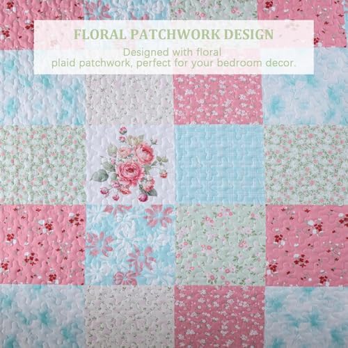 Mybedsoul Boho Quilt King Size, Patchwork Floral Bedding Set, Blue Pink - Image 4