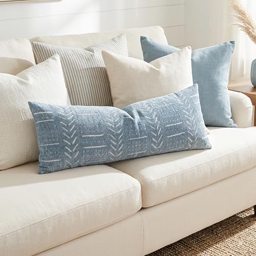BlissBlush Coastal Blue Lumbar Pillow Cover 14x36 for Bed, Accent Long Lumbar Pillow Cover for Bedroom, Soft Woven Chenille Textured Farmhouse Boho Decorative Cushion Cover - Image 3