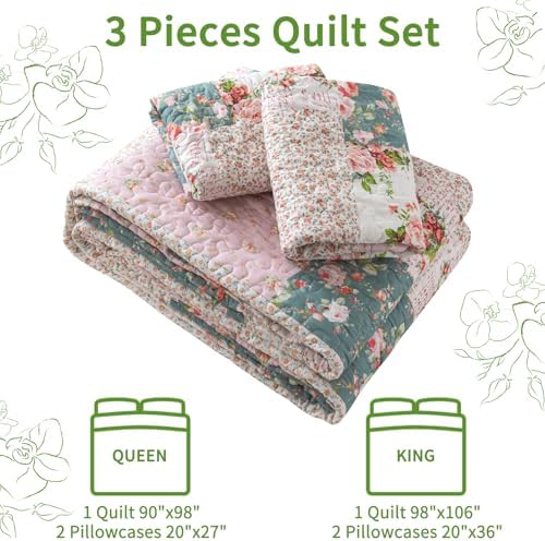 VAPUTAR Queen Size Quilt Set - Reversible Floral Queen Size Bedspreads - Image 6