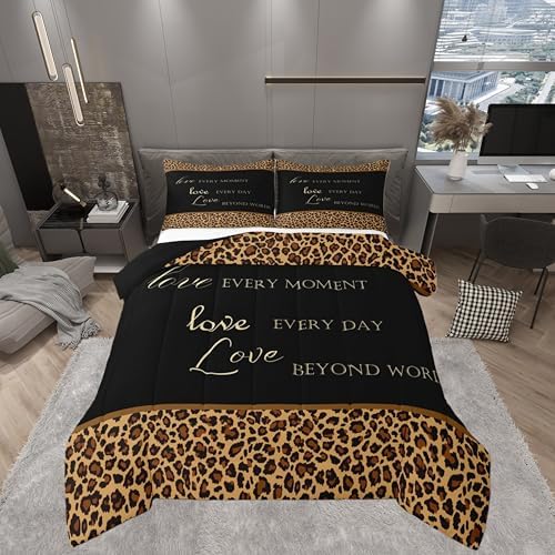 Castle Fairy Leopard Print Full Size Comforter Set,African Wild Animal Fur Pattern Bedding Comforters Bedroom Collection,Cheetah Skin Brown Black Bedding Set for Girls Teens - Image 4