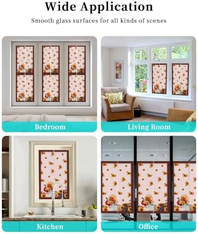 Window Privacy Film Frosted, Thanksgiving Fall Static Cling Door Window Covering, Pink Turkey Pumpkin Flowers Stripe Rustic UV Blocking Windows Film for Office, Hotel, Bedroom, 29.5 x 78.7 Inches - Image 7