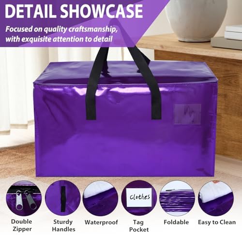 6 Pack Moving Bags Heavy Duty, Extra Large Moving Bags, Moving Supplies, Storage Bags with Handles and Zippers, Waterproof Totes for Storage Saving Packaging Shipping and Travel(Laser Purple) - Image 3