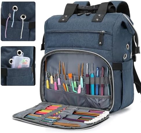 LTINVECK Crochet Backpack,Knitting Bag Backpack Yarn Storage Organizer Travel Bag,Large Yarn Tote Bag for Knitting Needles,Crochet Hooks Accessories,Blue - Image 3