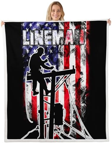 Erosebridal Lineman Throw Blanket American Flag Sherpa Blanket Red and Blue Grunge Stripes Fuzzy Blanket Vintage USA Flag Fleece Blanket Electrician Lineman Bed Blanket Father's Day 90”x90” by Erosebridal