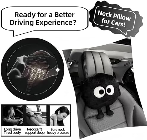 Car Headrest Pillow & Steering Wheel Cover Set with Cute Big-Eyed Furball Travel Neck Support Pillow Fur Car Interior Accessory (Black 3Pcs Set) - Image 5