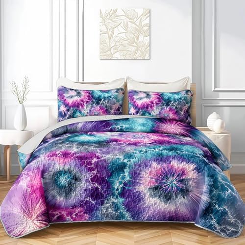 HOSIMA Colorful Tie-Dye Abstract Hippie Quilt King with 2 Pillowcases. by HOSIMA