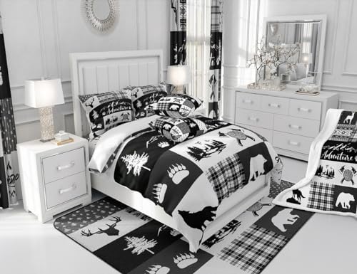 Castle Fairy Hunting Adventure Comforter Set Queen Size,Deer Antler Bear Pine Patchwork Bedding Set for Women Adult,Arrow Lodge Boho Aztec Camper Grid Luxury Bed Duvet Insert, 2 Pillowcases - Image 6