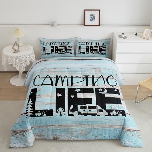 Erosebridal Camper Comforter Set Queen Rustic Farmhouse Camping Bedding Sets for Kids Boys Girls,Rv Bunk Comforter Star Moon Pine Tree Quilt Travel Trailers Accessories for Inside 2 Pillow Cases Blue - Image 2