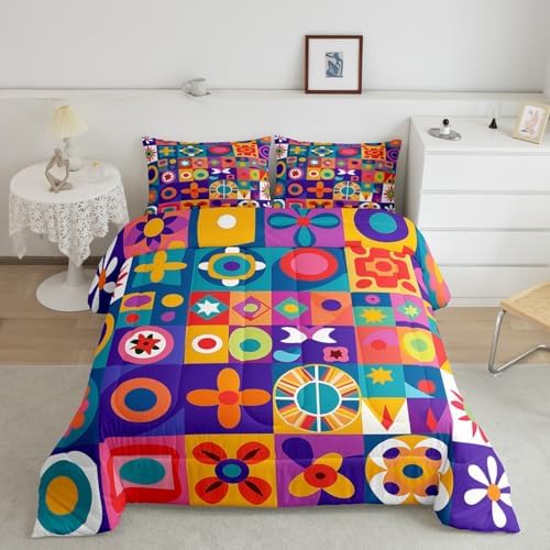 Erosebridal Watercolor Geometric Toddler Bedding Set,Mexican Talavera Tile Comforter Set for Kids Room Decor,Colorful Rainbow Quilt Bed Set Abstract Style Down Comforter 2Pcs - Image 2