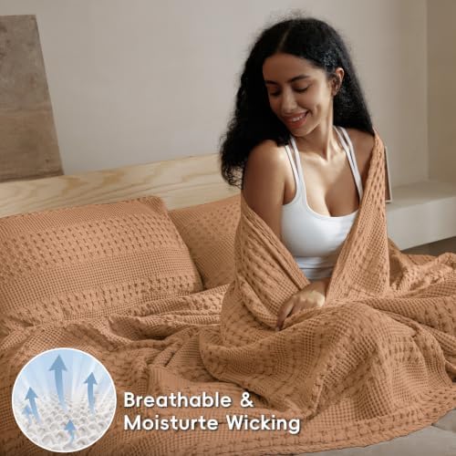 PHF Lightweight 100% Cotton Waffle Blanket for Bed, King, Clay - Image 3