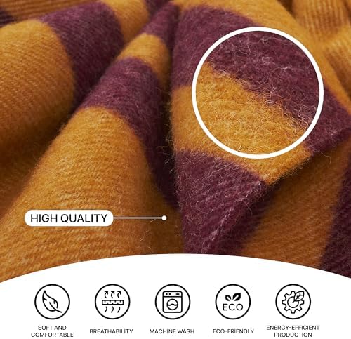 New Zealand Virgin Wool Throw Blanket, Indoor & Outdoor Blankets and Throws, Striped Soft Blanket with Fringes, 55 x 79 in (140 x 200 cm), Mustard Red - Image 4