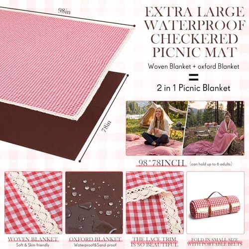 Boao Extra Large Picnic Blanket, 98" x 78" Red Gingham Picnic Blanket Set - Image 2