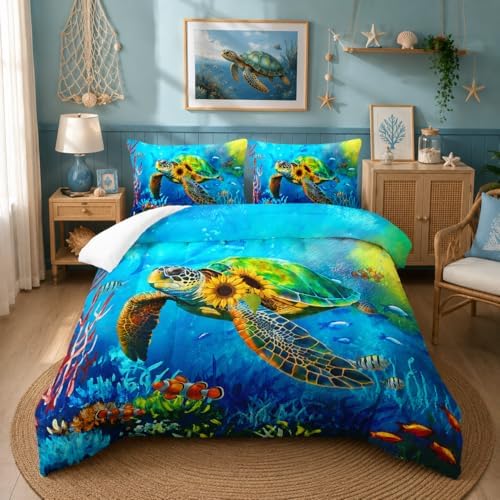 Nttopship Sunflower Turtle Comforter Sets Queen Size Bedding Sets for Kids and Adults 3Pcs,Ocean Turtle Comforter Sets All Season 1 Comforter and 2 Pillowcases by Nttopship