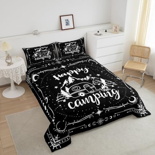 Erosebridal Camping Comforter Set Twin Black and White for Kids Boys Girls - Happy Camping Bedding Set for RV, Moon and Stars Room Decor Quilt Bed Set 2Pcs - Image 2
