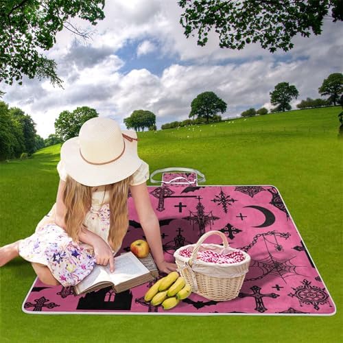 MNSRUU Picnic Blanket Waterproof Foldable, Gothic Bat Moon Castle Large Outdoor Picnic Beach Camping Blanket Travel Mat, Shoulder Strap Tote, Rectangle 57x59in - Image 2
