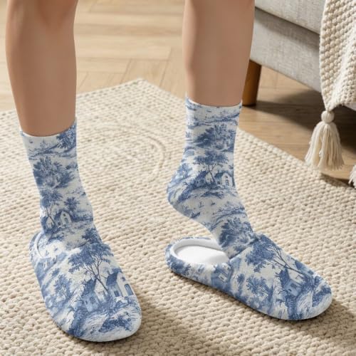 Toile de Jouy Fuzzy Slipper with Socks for Women Cozy Slipper Indoor - Image 3
