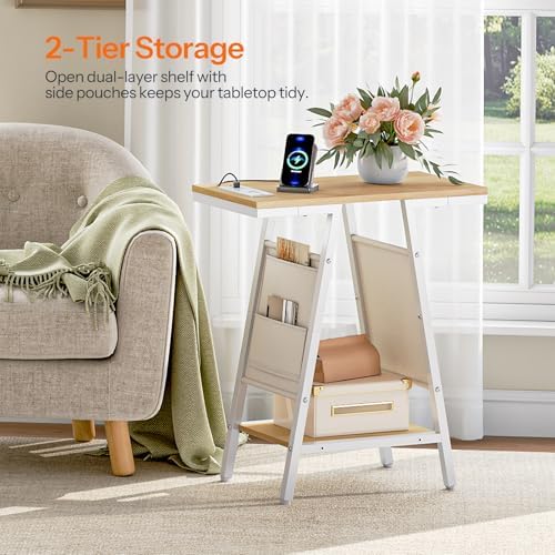 HOOBRO End Table, Skinny Side Table with Storage, Narrow Nightstand with Storage, Fabric Pockets, Narrow End Table for Small Spaces, Living Room, Bedroom, White and Natural WN426UBZ01 - Image 5