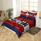 Happy Camping Duvet Cover Full Size 3 Pcs Retro Blue Red White Wooden Stripes Bedding Set for Kids Teens Adults Cartoon RV Trees Rustic Farmhouse Style Comforter Cover with 2 Pillowcases(No Comforter) - Image 2