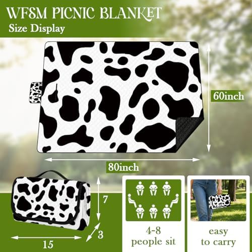 WFSM Cow Print Picnic Mat 80x60 Inch, Cow Lover Gifts, Black and White Outdoor Play Mat for Adults and Toddlers Waterproof Sandproof Beach Blanket Travel Camping Rug - Image 2