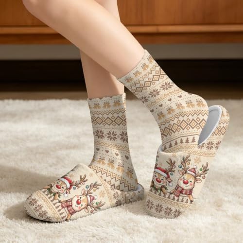 Jeiento Winter Fuzzy Slipper and Crew Socks Warm Winter Shoes Lightweight Soft Cushion House Slipper Bedroom Shoes - Image 2