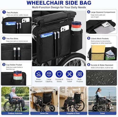 Wheelchair Side Bag for Porto Mobility Ranger Quattro, Armrest Storage Organizer Pouch with Multiple Pockets & Cup Holder for Wheelchairs, Walkers & Mobility Scooters - Image 3