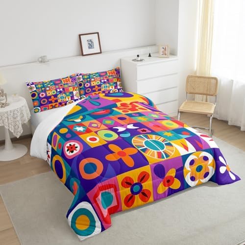 Erosebridal Watercolor Geometric Toddler Bedding Set,Mexican Talavera Tile Comforter Set for Kids Room Decor,Colorful Rainbow Quilt Bed Set Abstract Style Down Comforter 2Pcs - Image 4