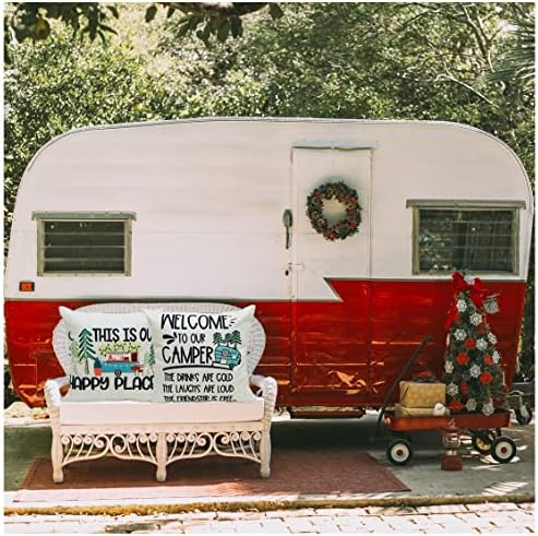 Happy Camper Pillow Covers Camping Our Happy Place Adventure Throw Pillow Case Cotton Linen Pillowcase Cushion Covers for Rv Trailer Couch Sofa Bed 18x18 Set of 4 - Image 6
