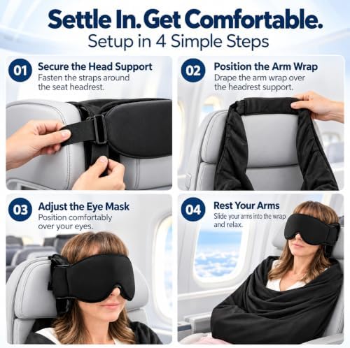 Dozeway Travel Sleep Set, Dozeway Travel Set 3-in-1 with Contoured Sleep Mask, Adjustable Head Support & Soft Arm Support Wrap for Airplane Travel - Image 3
