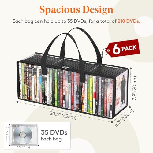 Lifewit DVD Storage Bags, Clear PVC DVD Case Holder with Handles, Front Window Zipper Design, Stackable Media Organizer for Blu-ray Disc, Movie Cases, VHS Box, Holds 210 Discs (35 Each), 6 Pack - Image 4