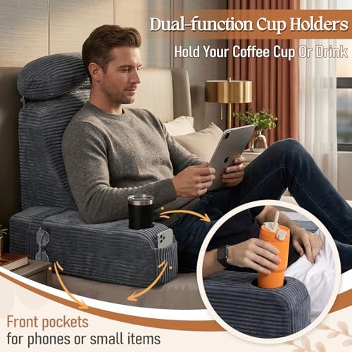 Reading Pillow/Backrest Pillow with Arms, Cup Holder & Phone Pocket - Image 4