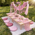 Beeveer 71 x 118'' Extra Large Outdoor Picnic Blanket with Pink Table Runner 8 Napkins and 8 Pink Floor Pillows Cushions for Picnic Party Camping Wedding Bachelorette Birthday Baby Shower Decor - Image 3