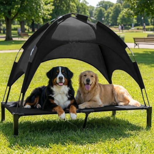 Elevated Dog Bed with Canopy Raised Pet Cot for Large Dogs, Outdoor Dog Cot with Removable Sun Shade Tent, Breathable Mesh Portable Dogs Cot for Camping, Beach, Backyard, Outdoor Use by Lesguyor