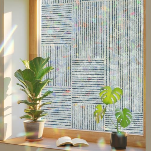 Window Privacy Film Static Cling, Blue Modern Striped Decorative Stained Glass Window Film for Floor-to-Ceiling Glass/Large Patio Doors, Grid Line Blocks Farmhouse 29.5 x 118 Inches by Pinroote