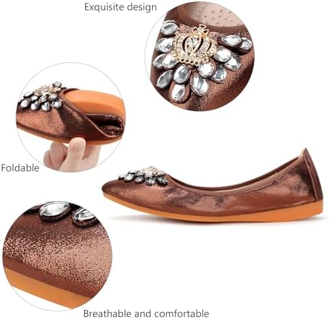 KUNWFNIX Women's Ballet Flats Foldable Classic Crown Rhinestone Slip On Bowknot PU Leather Faux Suede Pointed Toe Comfort Flat Casual Dress Shoes - Image 4
