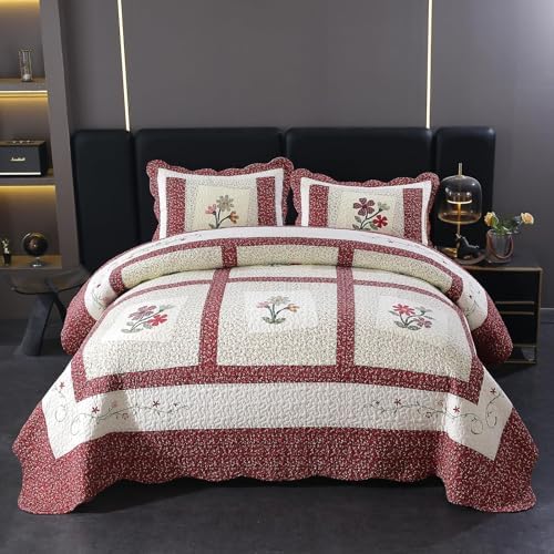 vctops Christmas Red 2 Piece Embroidered Floral Quilted Bedspread Quilt Set 100% Cotton Reversible Patchwork Coverlet Set 1 Quilt and 1 Pillow Sham (Red,Twin) - Image 2