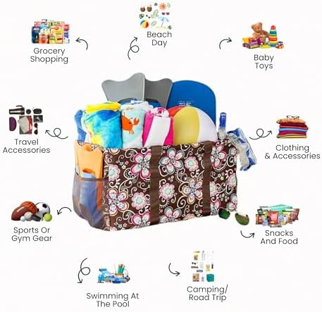 Extra Large Utility Tote Bag - Oversized Collapsible Beach Bag - Brown Daisy - Image 3