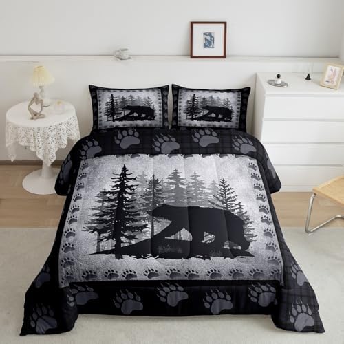 Bear Print Kids Comforter Set King Size,Wild Animal Pine Trees Retro Bedding Set All Season Bear Paw Pattern Quilt Set with 2 Pillowcases,Rustic Grid Plaid Hunt Lodge Decor Polyester Comforter, Grey - Image 2