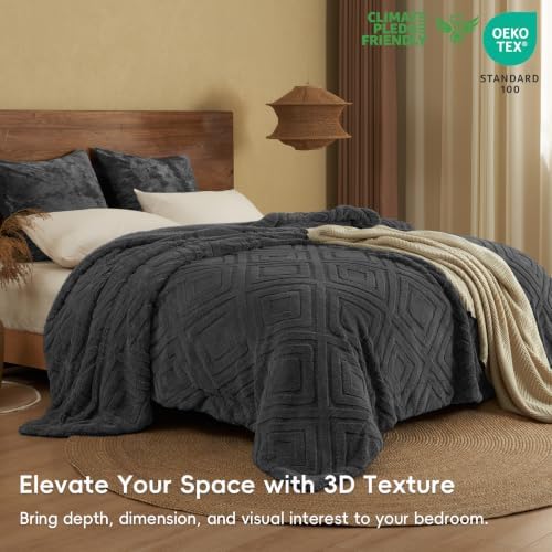 PHF Soft Sherpa Fleece Blanket Twin, Tufted Jacquard, 02-Dark Grey - Image 3