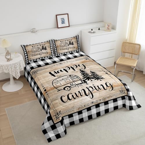 Erosebridal Rv Camper Bedding Set for Bunks,Happy Camping Comforter Sets Queen Black White Buffalo Plaid Quilt Comforter for Travel Trailers Farmhouse Cabin Decor Bed Set 2 Pillow Cases - Image 4